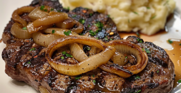 Ribeye Steak with Caramelized Onions and Mashed Potatoes