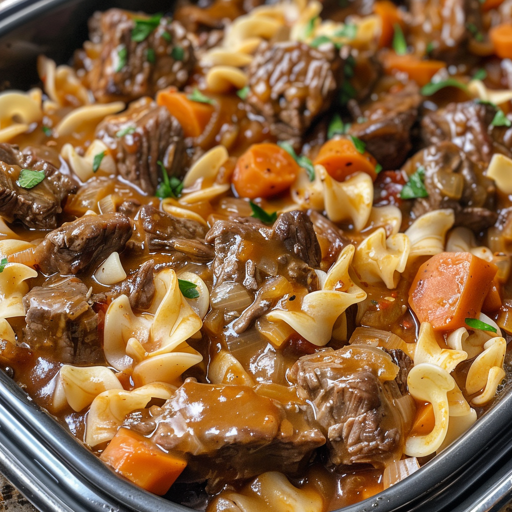 Slow Cooker 3-Ingredient Beef Stew Noodles
