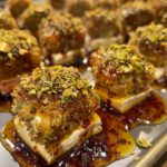 Pistachio-Crusted Brie Bites with Raspberry Honey Glaze