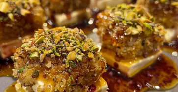 Pistachio-Crusted Brie Bites with Raspberry Honey Glaze