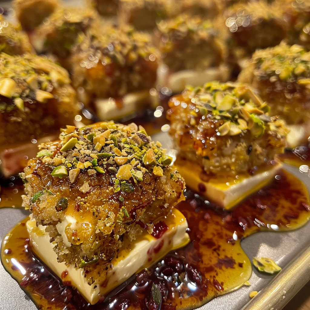 Pistachio-Crusted Brie Bites with Raspberry Honey Glaze