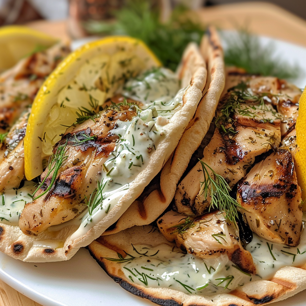 Greek Grilled Lemon Chicken Pita Wraps with Dill Garlic Yogurt Sauce