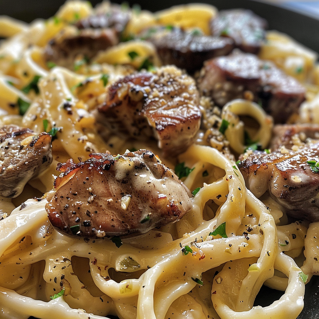Garlic Butter Surf and Turf Alfredo Pasta