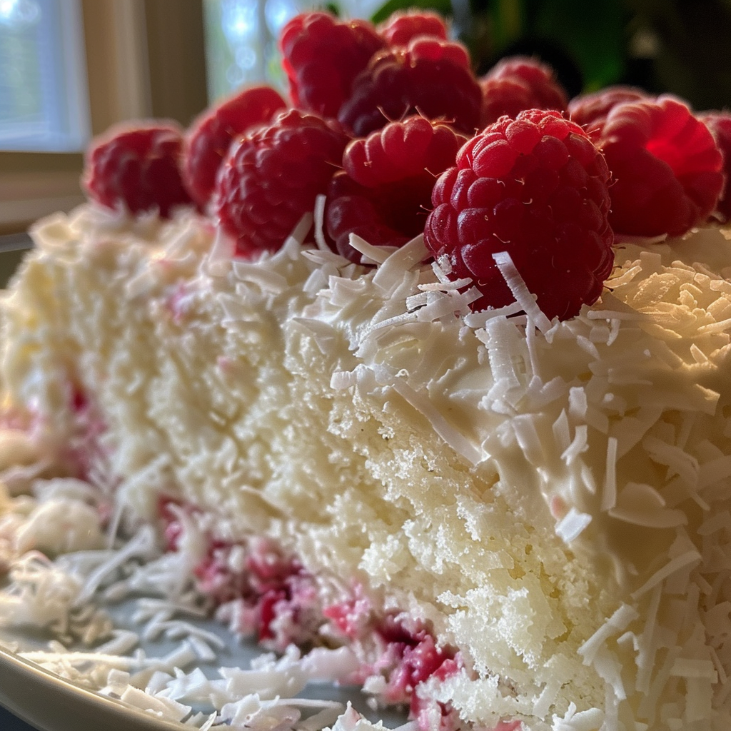 Raspberry Coconut Snowball Cake