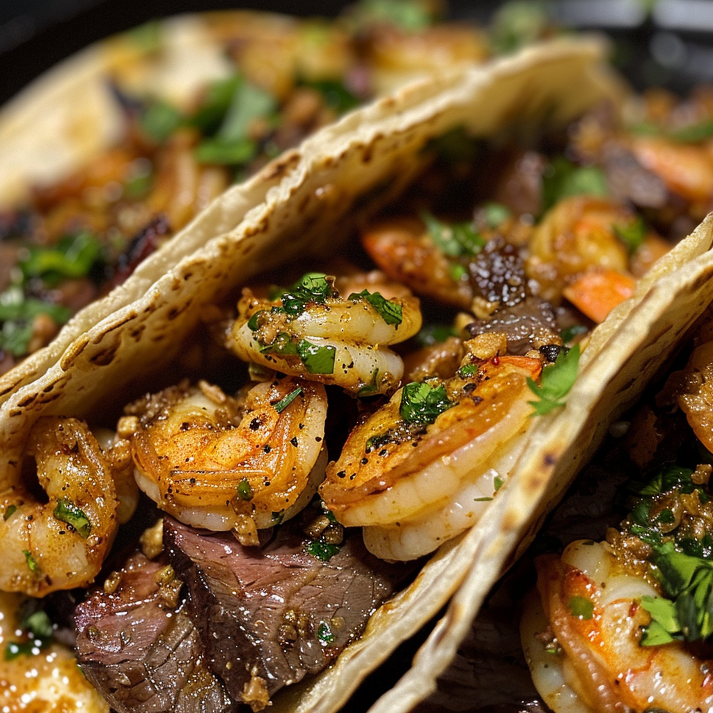 Garlic Butter Steak & Shrimp Smash Tacos