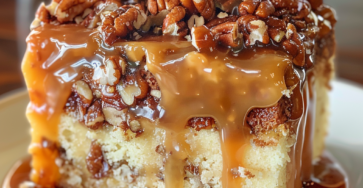 Caramel Butter Pecan Praline Poke Cake