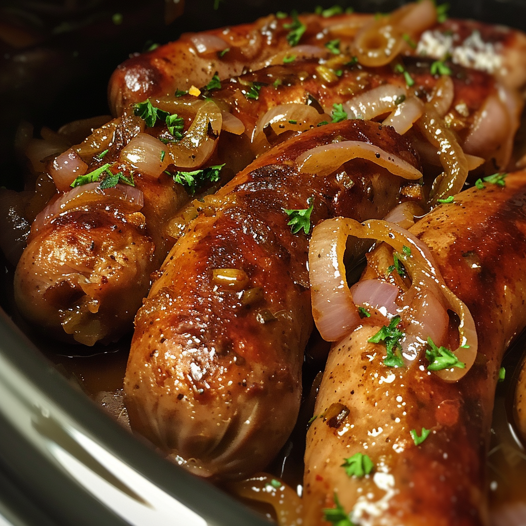 Slow Cooker 4-Ingredient Bangers and Onions