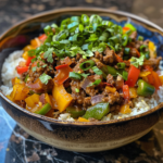 Delicious Beef Bowl Recipe with Colorful Bell Peppers and Jasmine Rice