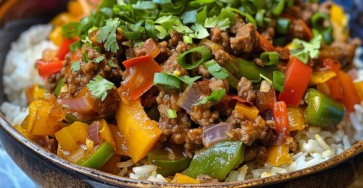 Delicious Beef Bowl Recipe with Colorful Bell Peppers and Jasmine Rice