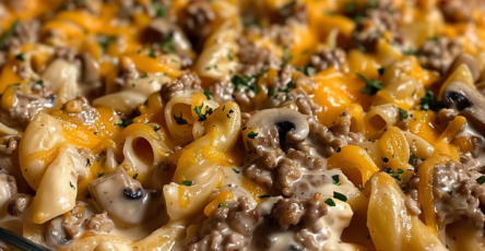 Cheesy Ground Beef Stroganoff Pasta Casserole