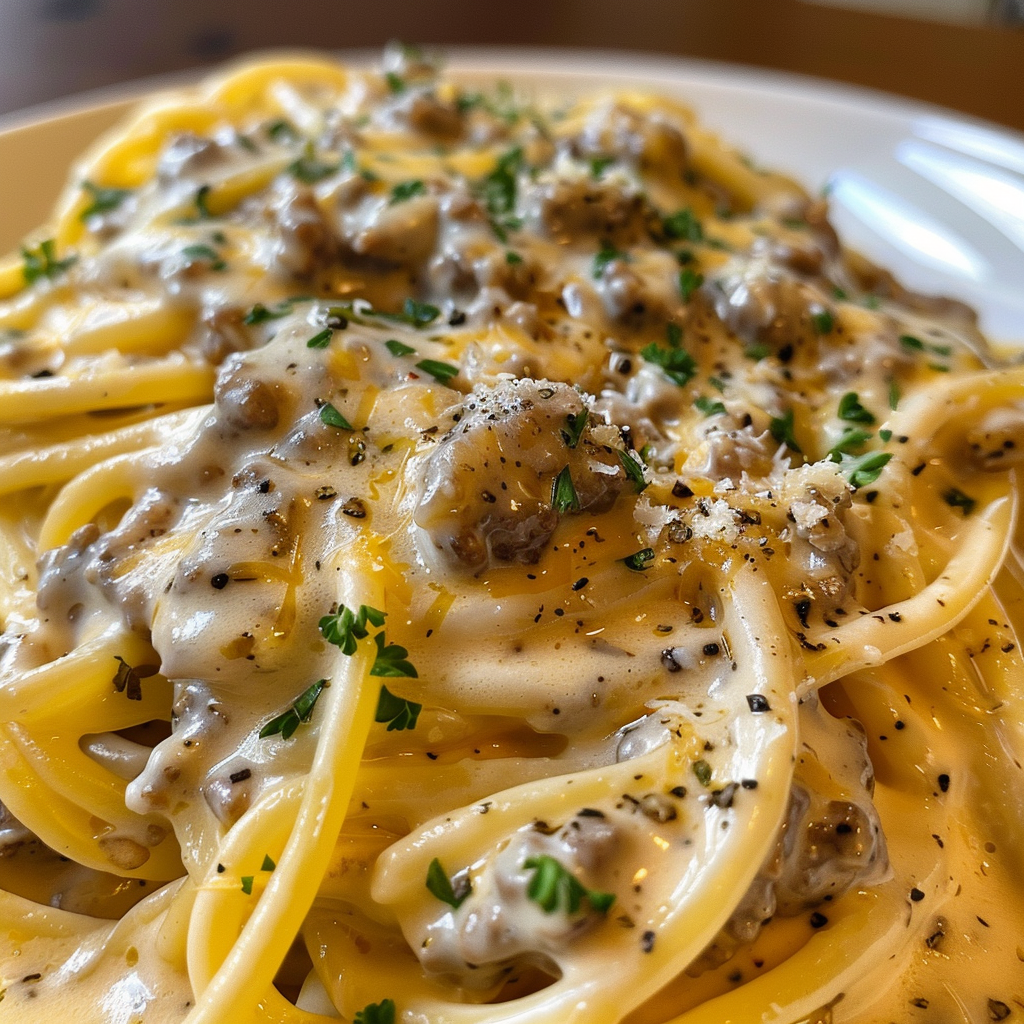 Garlic Butter Beef Spaghetti in Cheddar Cream Sauce
