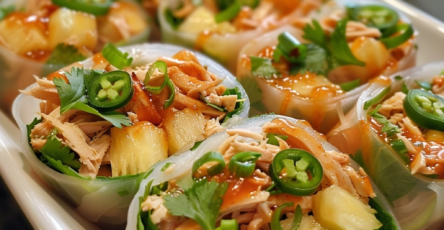 Sticky-Sweet Pineapple Jalapeño Chicken Rice Paper Wrap Rolls with Chili Sauce