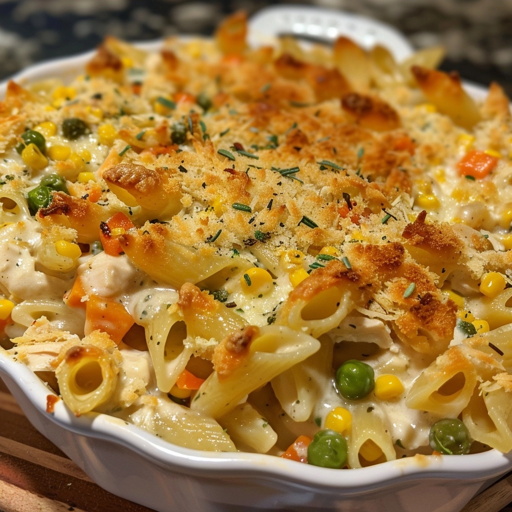Creamy Chicken Pot Pie Pasta Bake