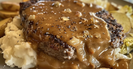 Hamburger Steaks with Brown Gravy Homemade Mashed Potatoes & Stir-Fried Cabbage