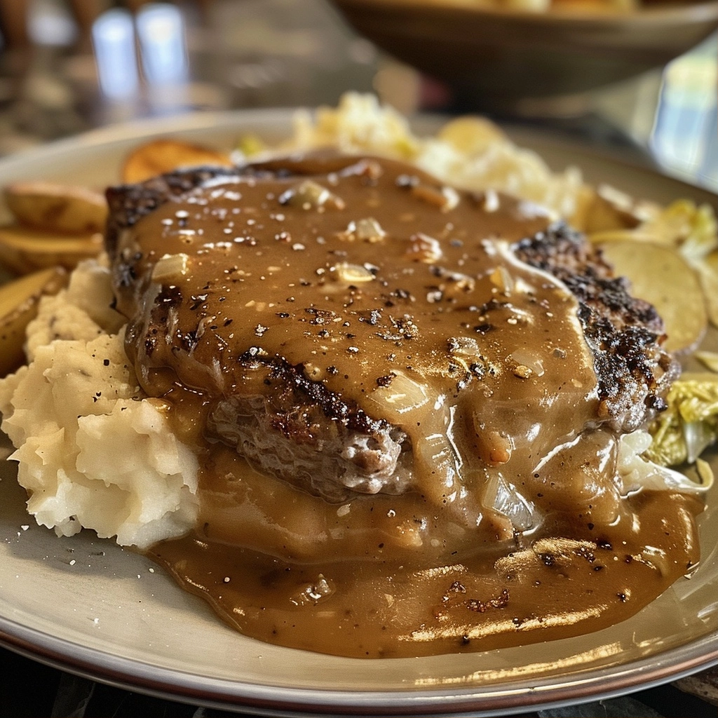 Hamburger Steaks with Brown Gravy Homemade Mashed Potatoes & Stir-Fried Cabbage