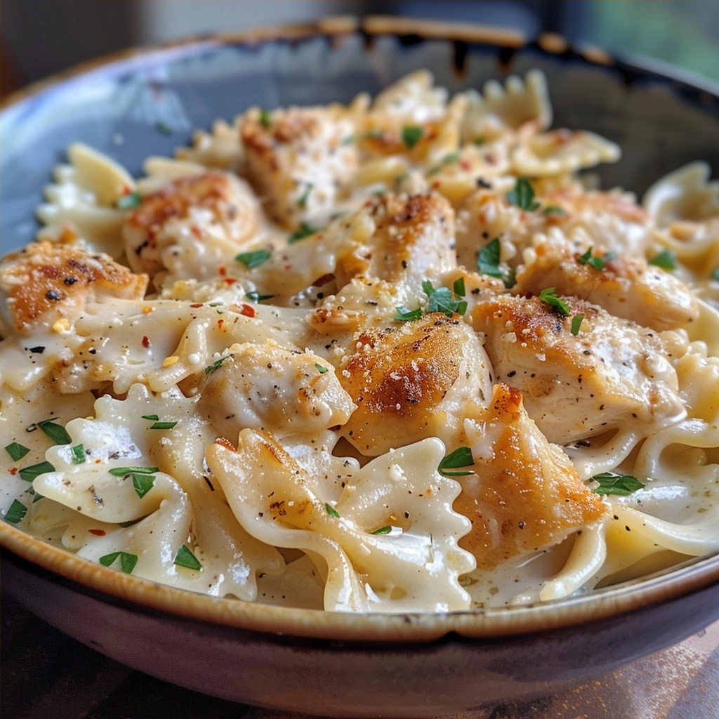 Mozzarella Garlic Butter Chicken Bowties in Cheesy Cream