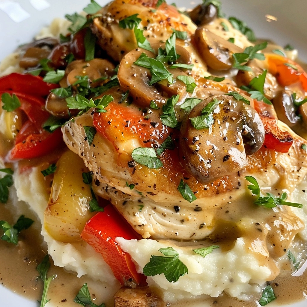 Ultimate Smothered Chicken over Creamy Mashed Potatoes with Peppers & Mushrooms