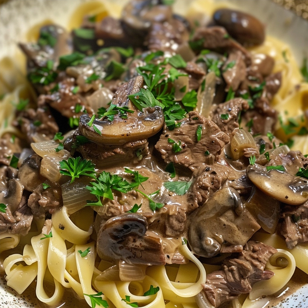 Classic Beef Stroganoff Over Egg Noodles
